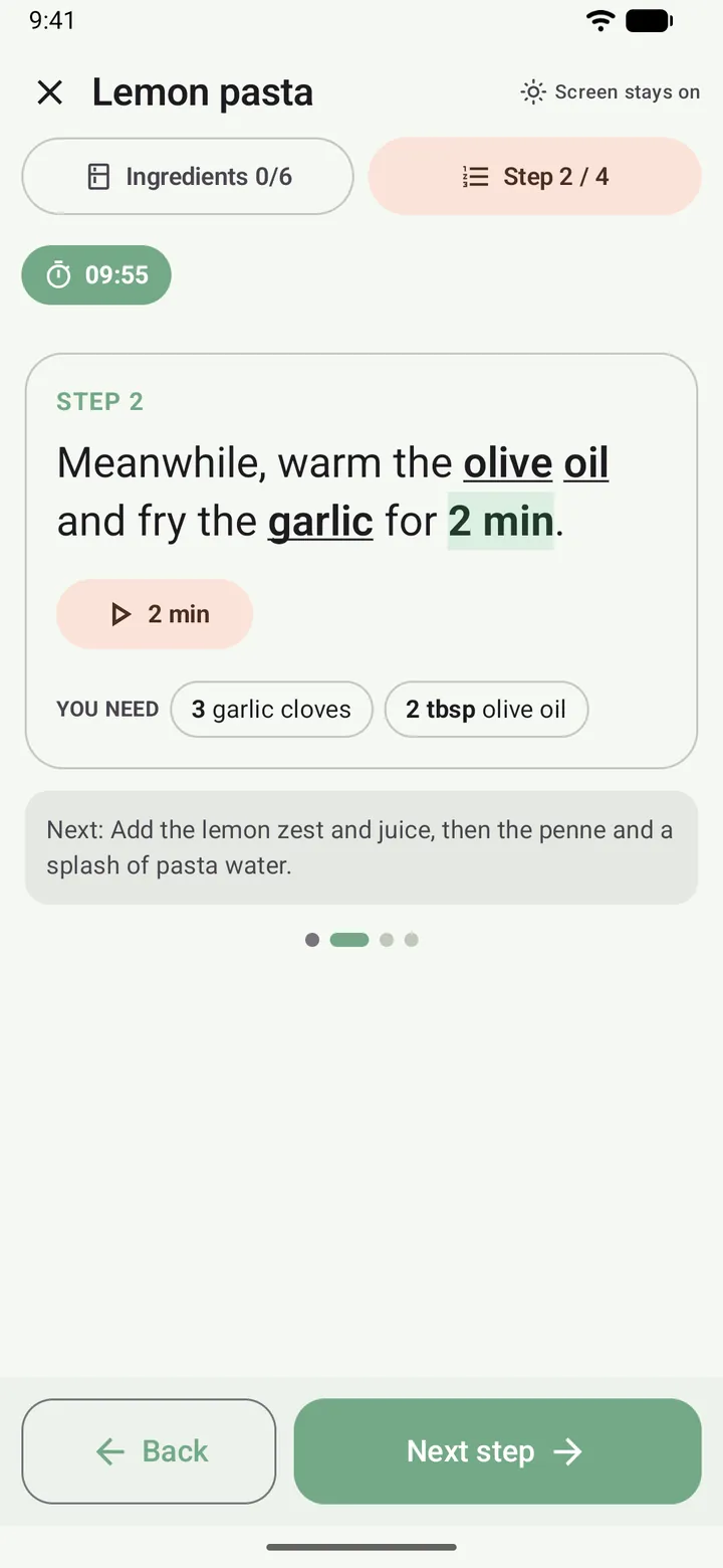Cook view: step 2 of a lemon pasta recipe with a running timer and the ingredients it needs