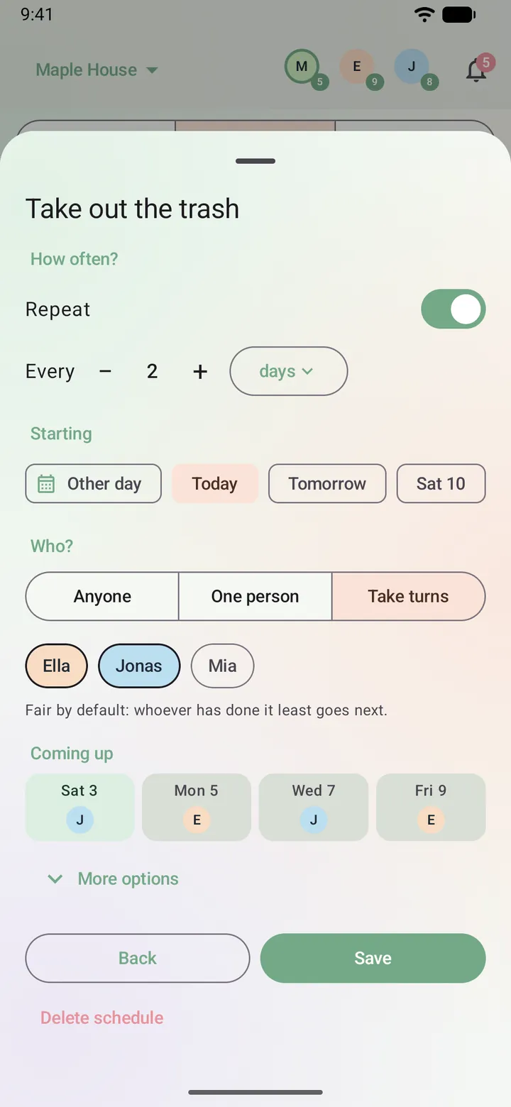 Schedule editor: how often, starting when, take turns between two people, and who is coming up