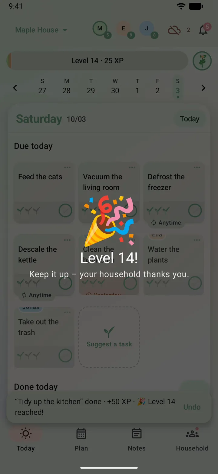 Level 14 celebration with confetti