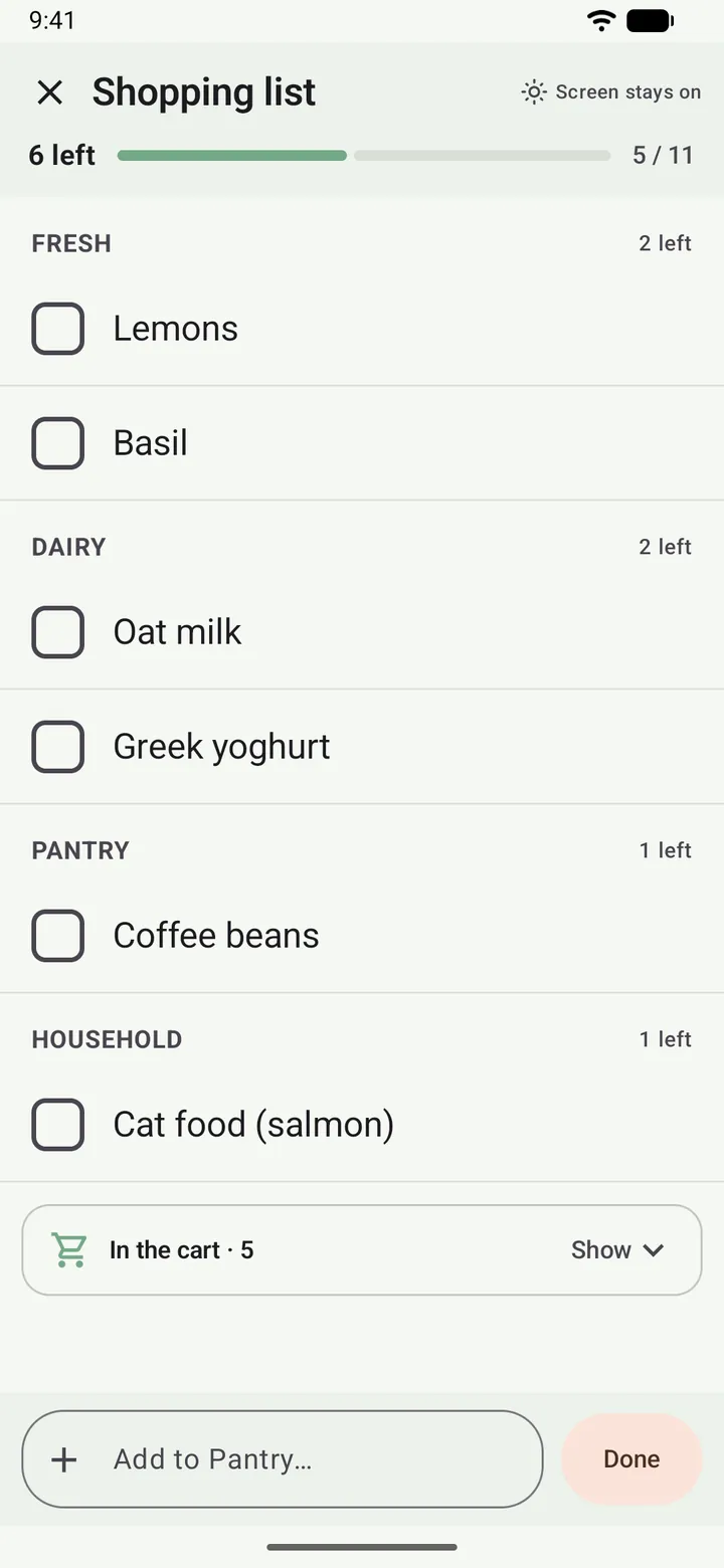 Shop view: the shopping list sorted by aisle, five items already in the cart