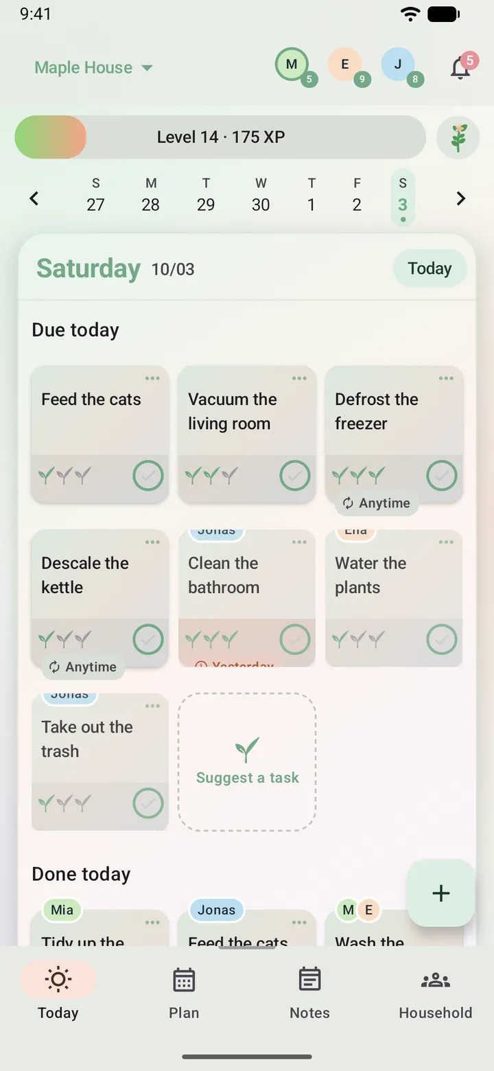 Sprout Tasks Today screen: the chores due on Saturday as tiles, with an avatar showing who is responsible